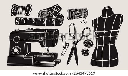 Sewing equipment, tools, accessories set. Mannequin, threads, needles, scissors, buttons, sewing machine, ruler. Monochrome trendy style. Hand drawn Vector illustration. Isolated design elements