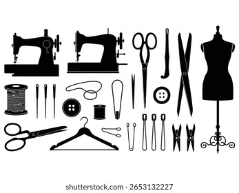  Sewing Equipment and Tools Silhouette Set Tailoring and Dressmaking Vector Icons.