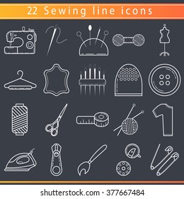 Sewing equipment, tools and tailor needlework accessories. Thin line icons set. Isolated outlined flat design or collection for sewing, knitting or handmade. Vector illustration for fashion.