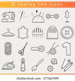 Sewing equipment, tools and tailor needlework accessories. Thin line icons set. Isolated outlined flat design or collection for sewing, knitting or handmade. Vector illustration for fashion.