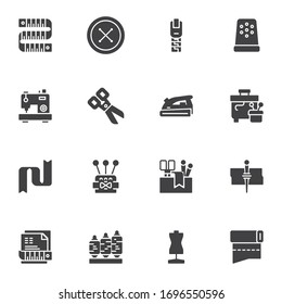 Sewing equipment vector icons set, modern solid symbol collection, filled style pictogram pack. Signs, logo illustration. Set includes icons as needlework thimble, sewing machine, scissors, button