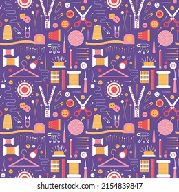 Sewing Essential Accessories And Supplies Pattern. Hobby Craft Kit And Tools For Sewers On Seamless Background For Prints, Textiles And Fabric Designs.