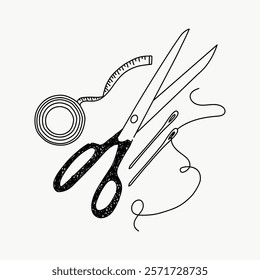 Sewing essentials: scissors, needle, thread, and measuring tape. Perfect for crafting, tailoring, and DIY projects. Simple, classic tools for sewing. Simple black line art doodle vector.