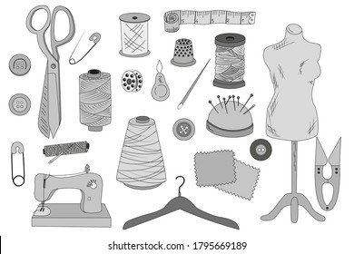 Sewing. Everything for sewing. Thematic selection. Sketch. Vector. For design