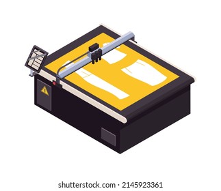 Sewing factory isometric icon with equipment for dress pattern 3d vector illustration