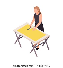 Sewing factory isometric icon with seamstress cutting yellow textile 3d vector illustration