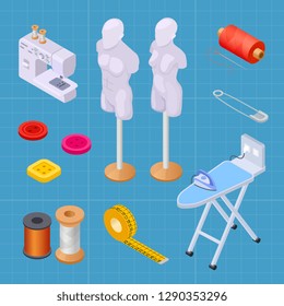 Sewing factory isometric set, sewing equipments vector collection