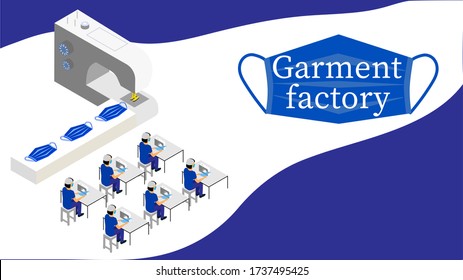 Fábrica de coser, producción de máscaras. Isometric.