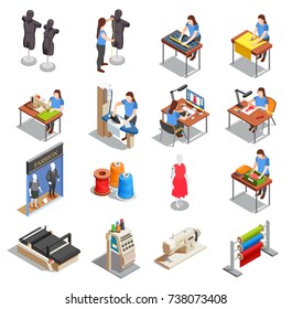 Sewing factory set of isometric icons with people during measurement, tailoring, ironing, creation design isolated vector illustration