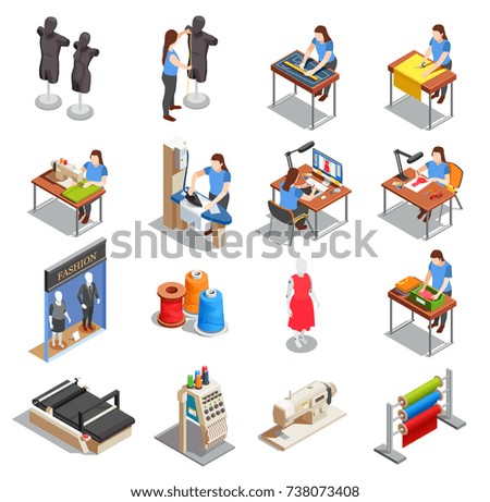 Sewing factory set of isometric icons with people during measurement, tailoring, ironing, creation design isolated vector illustration