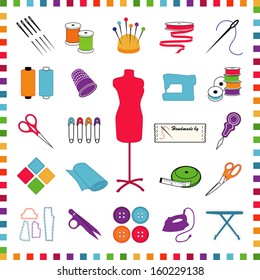 Sewing Fashion Icons, pastels, for tailoring, dressmaking, needlework, DIY crafts: model, needle, thread, ribbon, scissors, machine, pins, iron, cloth, label, thimble, buttons, check frame. EPS8.