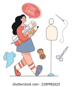 Sewing fashion women craft workshop needlewoman designer character line art hand drawn style concept graphic design illustration