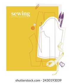 Sewing fashionable clothes. Constructing a pattern for sewing. Take measurements. Courses: Cutting and sewing. Vector illustration for background design, packaging, banner