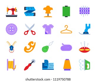 Sewing flat icons set. Web sign kit of fashion. Embroidery pictogram collection includes measuring tape, dummy, thread. Simple sewing cartoon colorful icon symbol isolated on white Vector Illustration