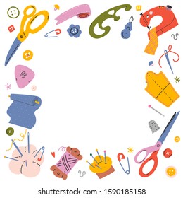 Sewing frame background. Vector template with hand drawn coloful illustrations of sewing tools and supplies. Decorative border for banner, text, good as poster. Needlework concept for workshop.