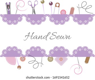 Sewing frame template with blank space for your text. Decorative border made of colorful  illustrations of sewing tools and equipment, vector banner or poster, good for atelier, workshop. 