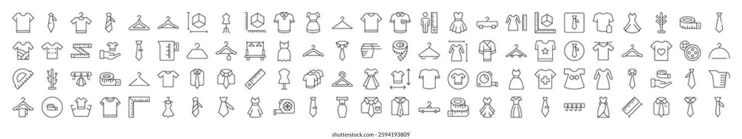 Sewing and Garment Bundle of Related Line Icons. Editable Stroke for Design, Web Sites, Apps, Cards. Contains Linear Images of T Shirt, Dress, Tie, Measuring Tape, Rack