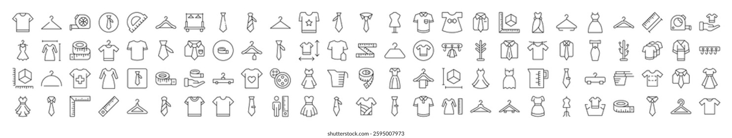Sewing and Garment Line Icon Set. Modern Collection for Design, Web Sites, Apps, Cards. Contains Linear Images of T Shirt, Dress, Tie, Measuring Tape, Rack
