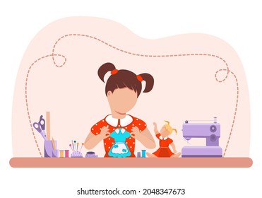 Sewing. Girl seamstress. Creative craft concept for work and hobby. A type of manual labor. Textile. Flat cartoon style. Vector.