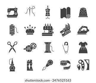 Sewing glyph icon set. Vector collection with sewing machine, needle, textile, scissors, mannequin, pin, clothes, spool of thread, iron.