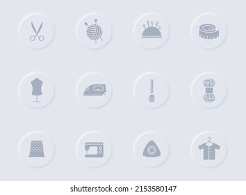 sewing gray glyph icons on round rubber buttons. sewing vector icons for web, mobile apps, ui design and promo business polygraphy