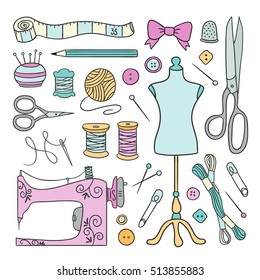 Sewing hand drawn illustrations. Hand made sew and needlework objects