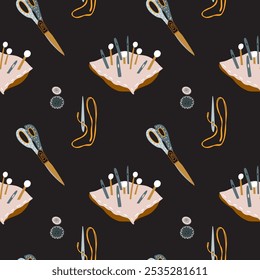 Sewing hand drawn pattern. Here are pincushion, needle, thread, button and scissors on black background. Vector artwork about needlework, hobby, handmade and clothing. Use it for paper and textile. 