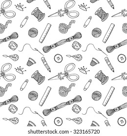 Sewing hand drawn seamless vector pattern. Handmade crafts background with tailor instruments. For site, blog, textile or paper.