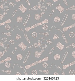 Sewing hand drawn seamless vector pattern. Handmade crafts background with tailor instruments. For site, blog, textile or paper.