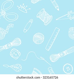 Sewing hand drawn seamless vector pattern. Handmade crafts background with tailor instruments. For site, blog, textile or paper.