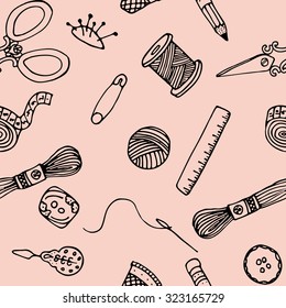 Sewing hand drawn seamless vector pattern. Handmade crafts background with tailor instruments. For site, blog, textile or paper.