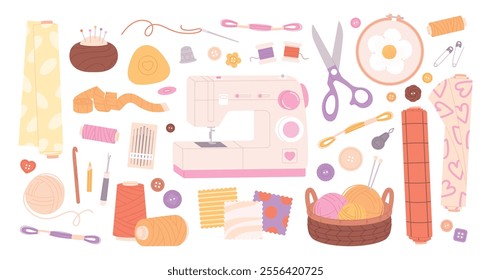 Sewing hand made design. Tools for sew, needles pins threads measuring tape. Embroidery and basket with wool, scissors, racy vector clipart