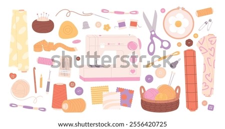 Sewing hand made design. Tools for sew, needles pins threads measuring tape. Embroidery and basket with wool, scissors, racy vector clipart