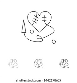 Sewing Heart, Broken Heart, Heart,  Bold and thin black line icon set