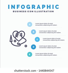 Sewing Heart, Broken Heart, Heart,  Line icon with 5 steps presentation infographics Background