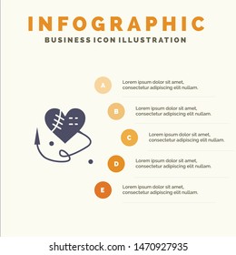Sewing Heart, Broken Heart, Heart,  Solid Icon Infographics 5 Steps Presentation Background. Vector Icon Template background