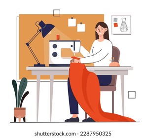 Sewing hobby concept. Woman sitting with sewing machine and red fabric. Tailor and atelier, seamstress.