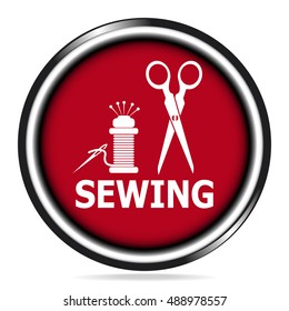 Sewing icon on red button, scissors, thread and needle icon