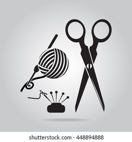 Sewing icon, scissors, yarn, and needle icon svg
