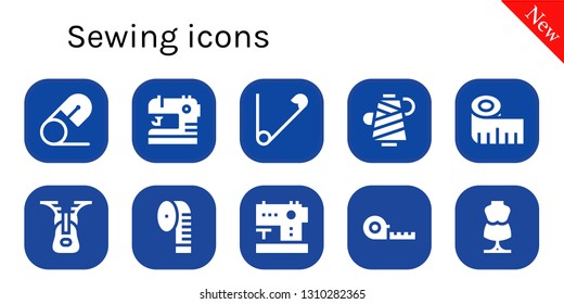 sewing icon set. 10 filled sewing icons.  Collection Of - Safety pin, Sewing, Thread, Measuring tape, Zipper, machine, Mannequin