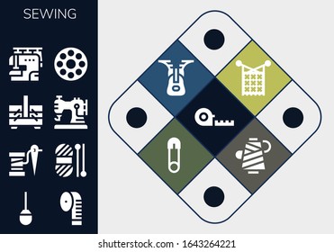 sewing icon set. 13 filled sewing icons. Included Measuring tape, Awl, Thread, Wool, Sewing box, machine, Bobbin, Knit, Zipper, Safety pin icons