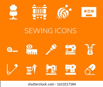 sewing icon set. 14 filled sewing icons. Included Mannequin, Sewing machine, Yarn ball, Tape, Safety pin, Measuring tape, Thread, Awl, Zipper icons