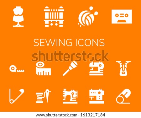 sewing icon set. 14 filled sewing icons. Included Mannequin, Sewing machine, Yarn ball, Tape, Safety pin, Measuring tape, Thread, Awl, Zipper icons