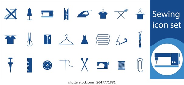 Sewing icon set, buttons, stitches, pins, collection, thread, clothing, silhouette, image, object, craft, tool, thin, measurement, background, hobby, line, pattern and more