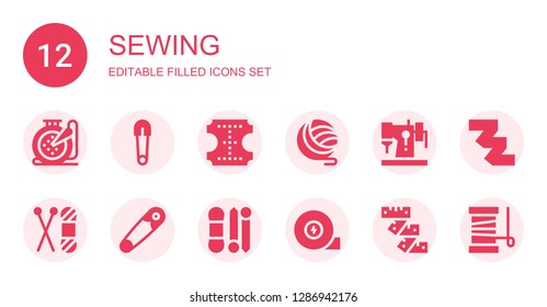 sewing icon set. Collection of 12 filled sewing icons included Embroidery, Safety pin, Leather, Yarn, Sewing machine, Knit, Measuring tape