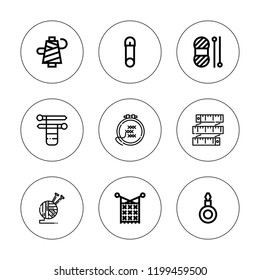 Sewing icon set. collection of 9 outline sewing icons with knit, knitting, measuring tape, safety pin, thread, wool icons. editable icons.