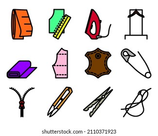 Sewing Icon Set. Editable Bold Outline With Color Fill Design. Vector Illustration.