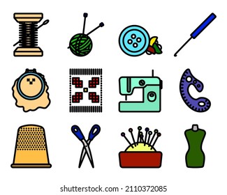 Sewing Icon Set. Editable Bold Outline With Color Fill Design. Vector Illustration.