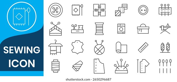 Sewing icon set. Sewing equipment and needlework. Containing tailor, needlework, dress, stitching, fabric, sewing machine, clothes, measuring tape, wool and more. Vector illustration 