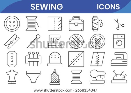 Sewing icon set. Sewing equipment and needlework. Containing tailor, needlework,fabric, sewing machine,  dress, stitching, clothes, measuring tape, wool and more. Vector illustration.